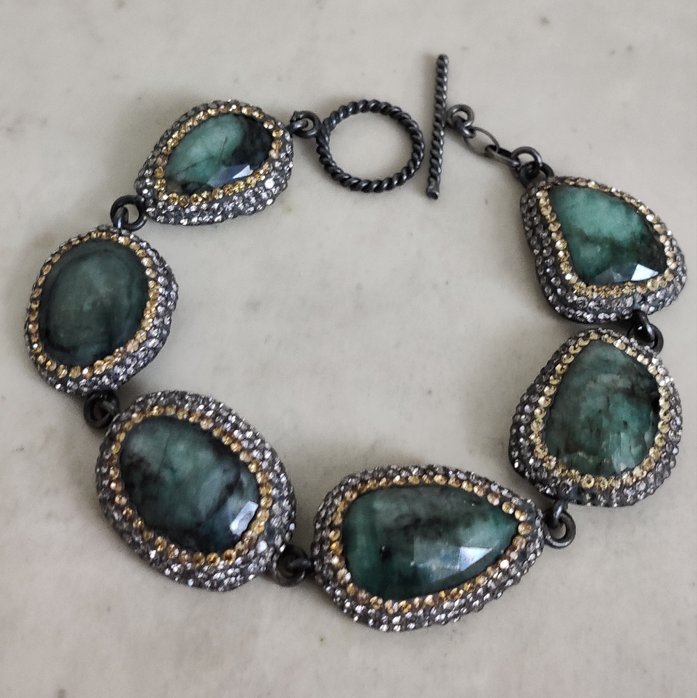 Elegant Antiqued Sterling Silver 925 and Genuine Amazonite Stones Bracelet